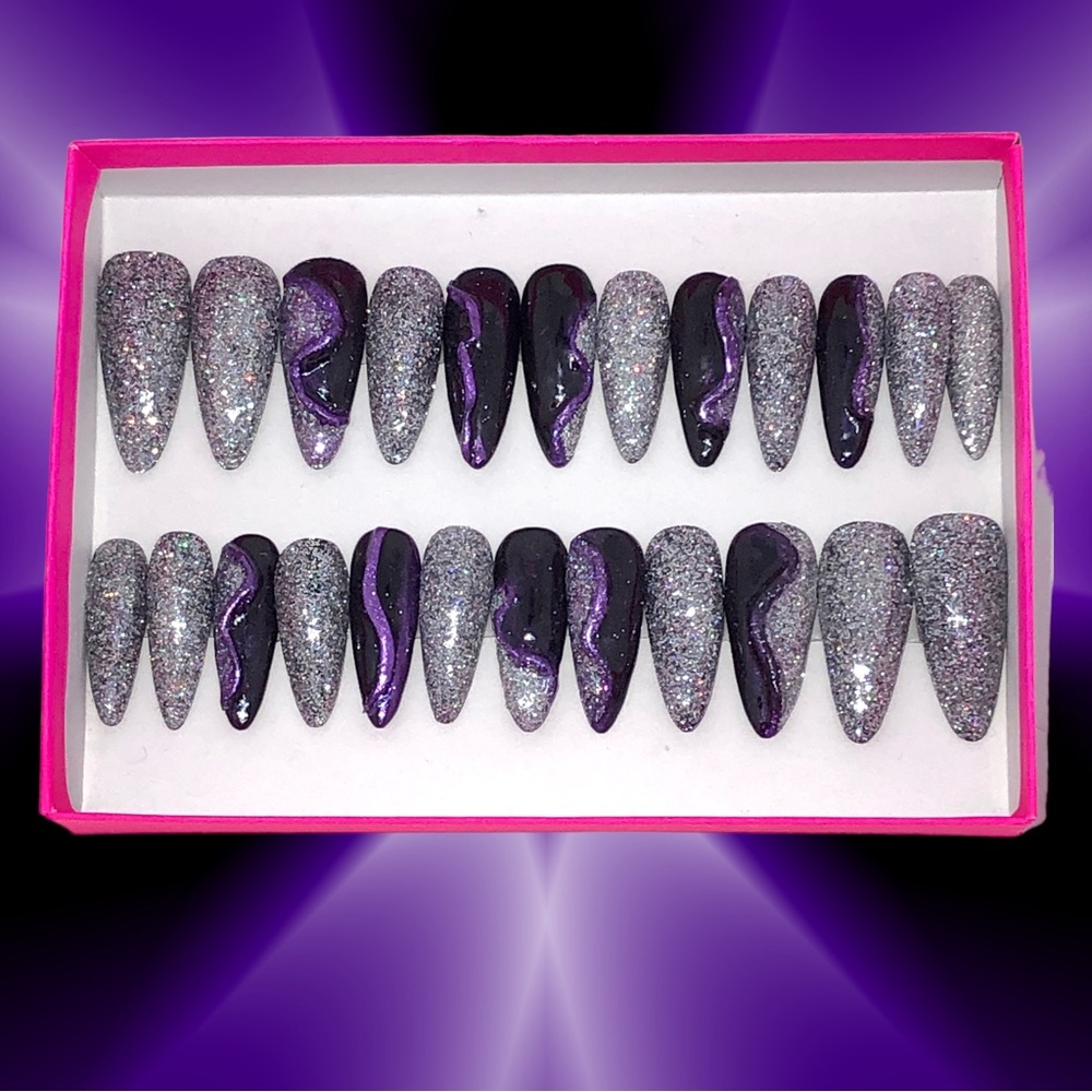 *SOLD* Handmade Press On Nails Long Almond Shape Full Set UV Gel Purple & Holo … - Picture 12 of 13
